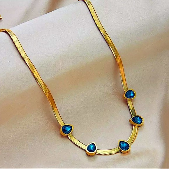 Blue Sapphire Gold Plated Zircon Herringbone Charm Flat Necklace - Picture 5 of 6